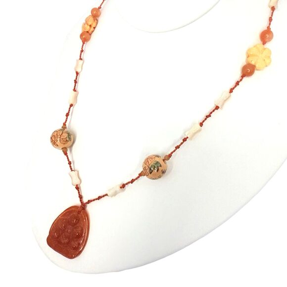 VTG Belle Costes Carved Carnelian Pendant Necklace 20" Bohemian Boho Chic - Picture 5 of 13